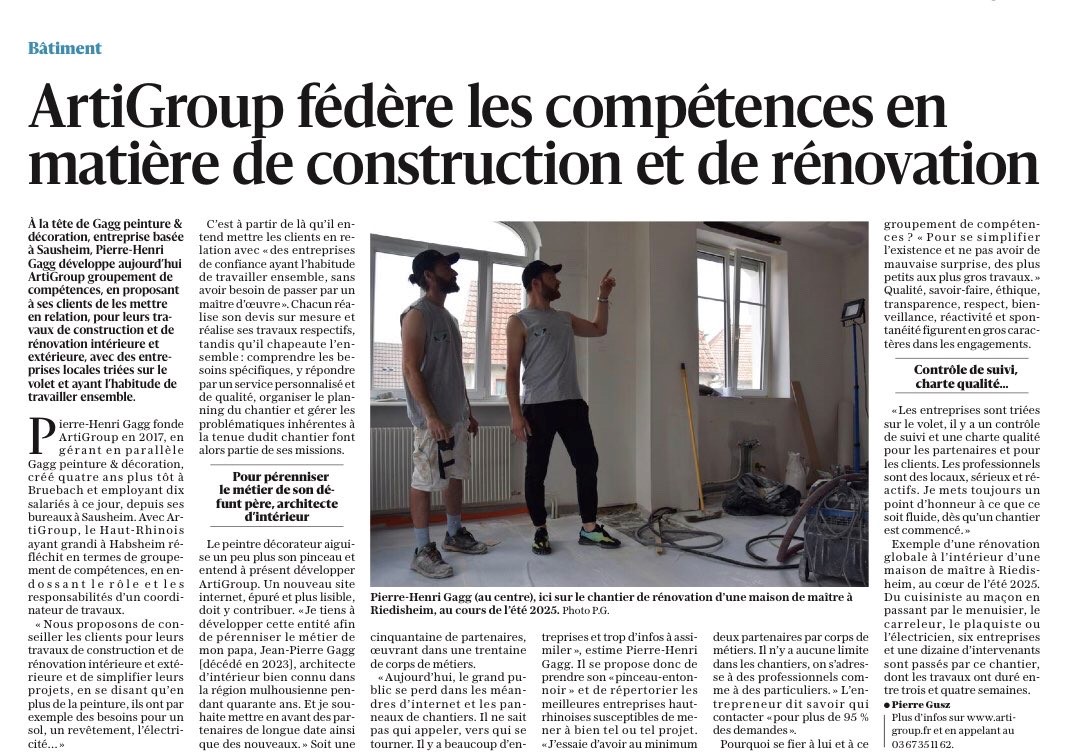 ARTICLE DE JOURNAL 10.10.25 | ArtiGroup ArtiGroup Groupement de Compétences – Mis à l’honneur dans le journal l’Alsace Wittenheim 0